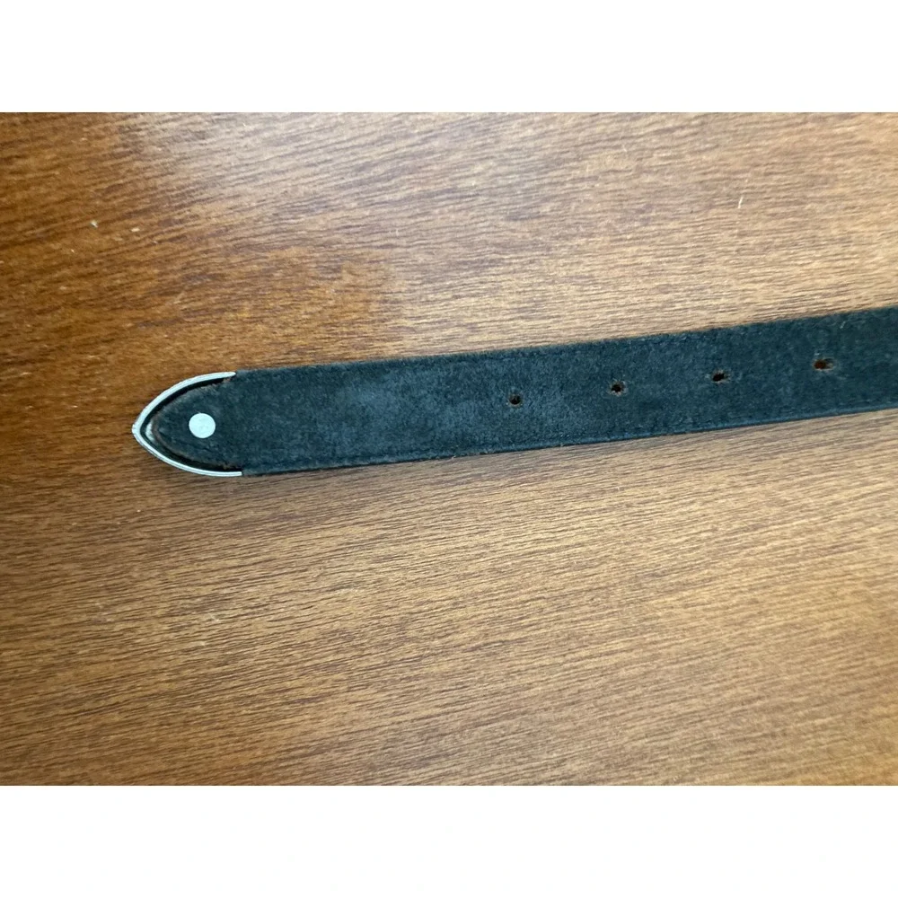 Vintage Black Leather Western Belt Silver Engraved Buckle Tip Made‎ in USA Small